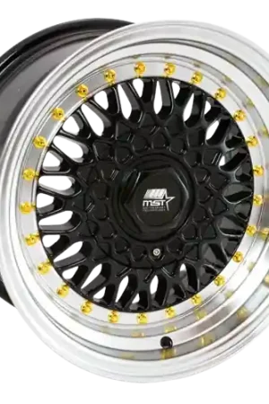 MST Wheels MT13 4x100/4x114.3 15x8.0 +20 Black w/Machined Lip Gold Rivets Hot Picks