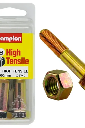 Champion Pack of 2 (2x Zinc Plated Hex Bolts, 2x Nuts) M12 x 60mm High Tensile Grade 8.8 - BM126 Discount