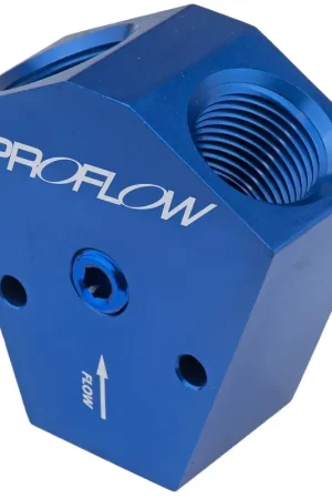 Must Have Proflow Fuel Block Y-Type Billet Aluminium Anodised 3/8in NPT Female Inlet 3/8in NPT Female Outlets 1/8in NPT Gauge Port - Blue