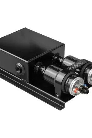 Proflow Fuel Surge Tank & Pump Kit Fabricated Aluminium Undercar 2 x 044 Pump 80mm x 200mm x 180mm 2.5L Black Anodised Warranty Included